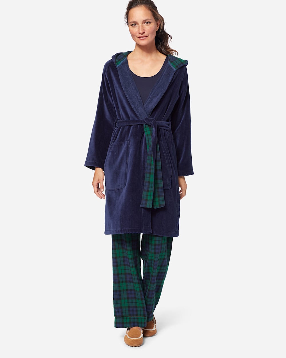 WOMEN'S SOLID COTTON ROBE IN NAVY/ANTIQUE WHITE image number 1