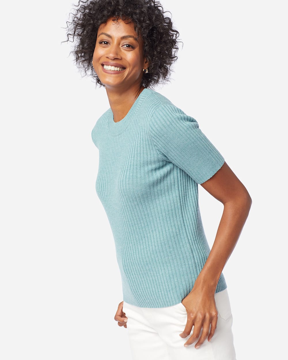 ALTERNATE VIEW OF WOMEN'S SHORT-SLEEVE MERINO RIB PULLOVER IN DUSTY AQUA HEATHER image number 2