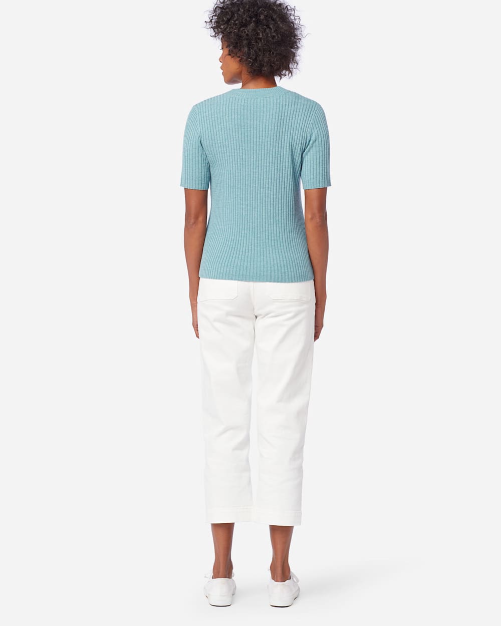 ALTERNATE VIEW OF WOMEN'S SHORT-SLEEVE MERINO RIB PULLOVER IN DUSTY AQUA HEATHER image number 3