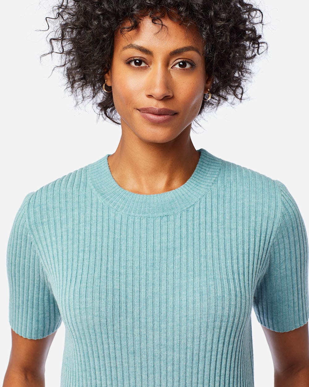 ALTERNATE VIEW OF WOMEN'S SHORT-SLEEVE MERINO RIB PULLOVER IN DUSTY AQUA HEATHER image number 4