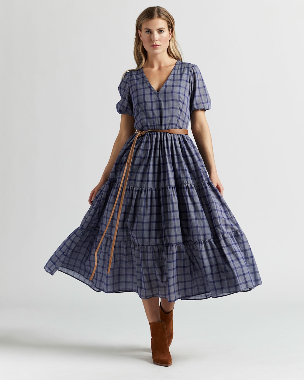 AIRY TIERED MIDI DRESS IN NAVY/WHITE PLAID image number 1
