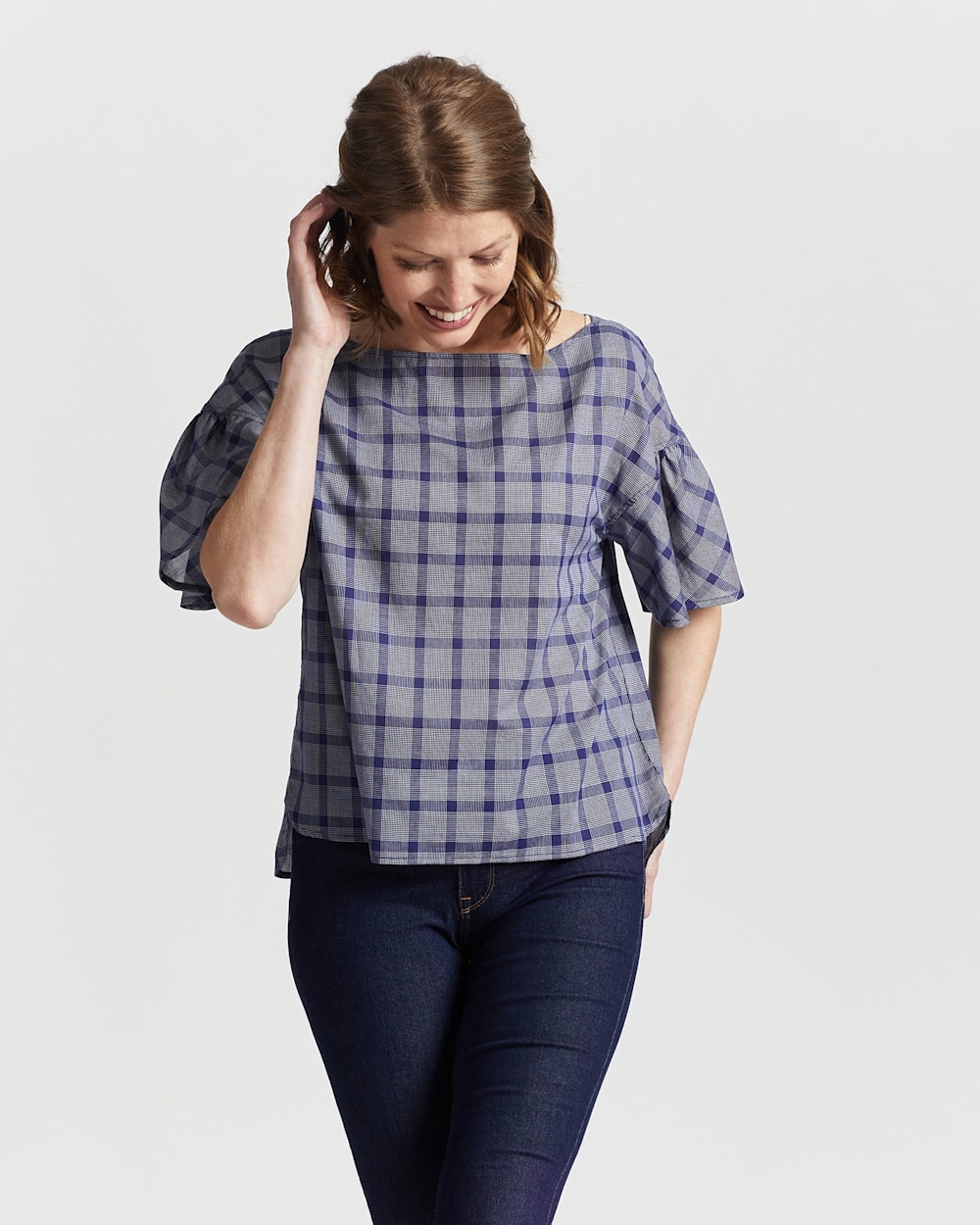 WOMEN'S AIRY SHORT-SLEEVE BOATNECK TOP IN NAVY/WHITE PLAID image number 1
