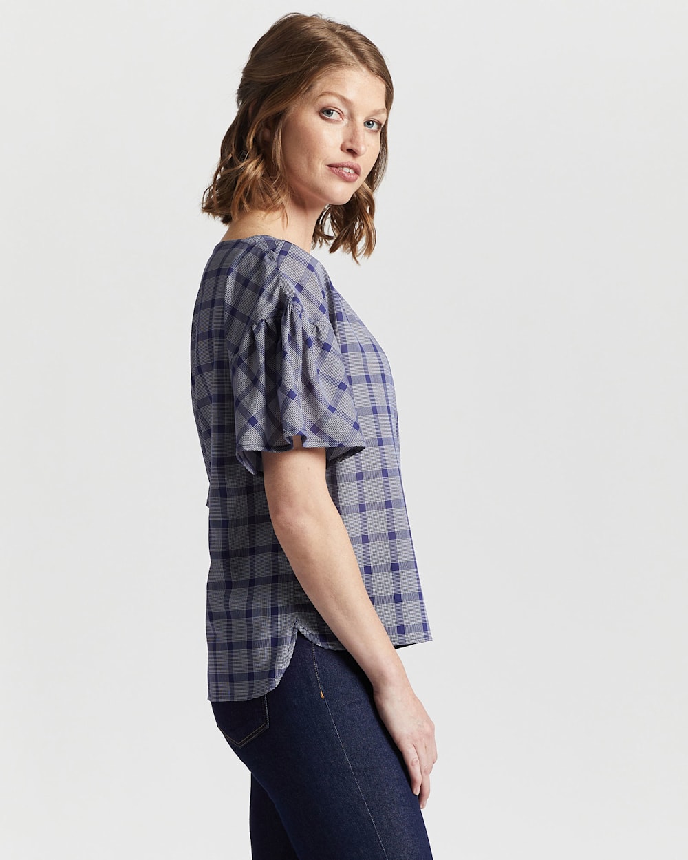 ALTERNATE VIEW OF WOMEN'S AIRY SHORT-SLEEVE BOATNECK TOP IN NAVY/WHITE PLAID image number 2