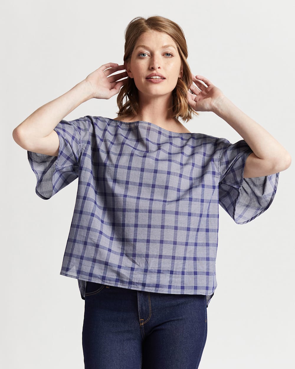 ALTERNATE VIEW OF WOMEN'S AIRY SHORT-SLEEVE BOATNECK TOP IN NAVY/WHITE PLAID image number 5