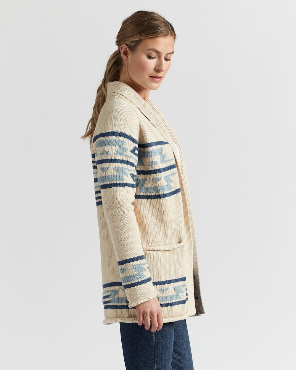 ALTERNATE VIEW OF WOMEN'S ROCK POINT COTTON CARDIGAN IN SANDSHELL/VINTAGE INDIGO MULTI image number 2