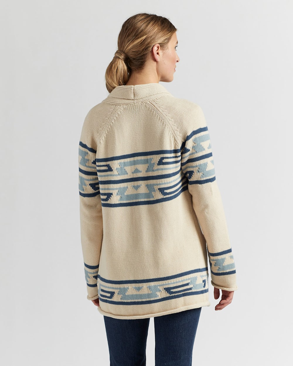 ALTERNATE VIEW OF WOMEN'S ROCK POINT COTTON CARDIGAN IN SANDSHELL/VINTAGE INDIGO MULTI image number 3