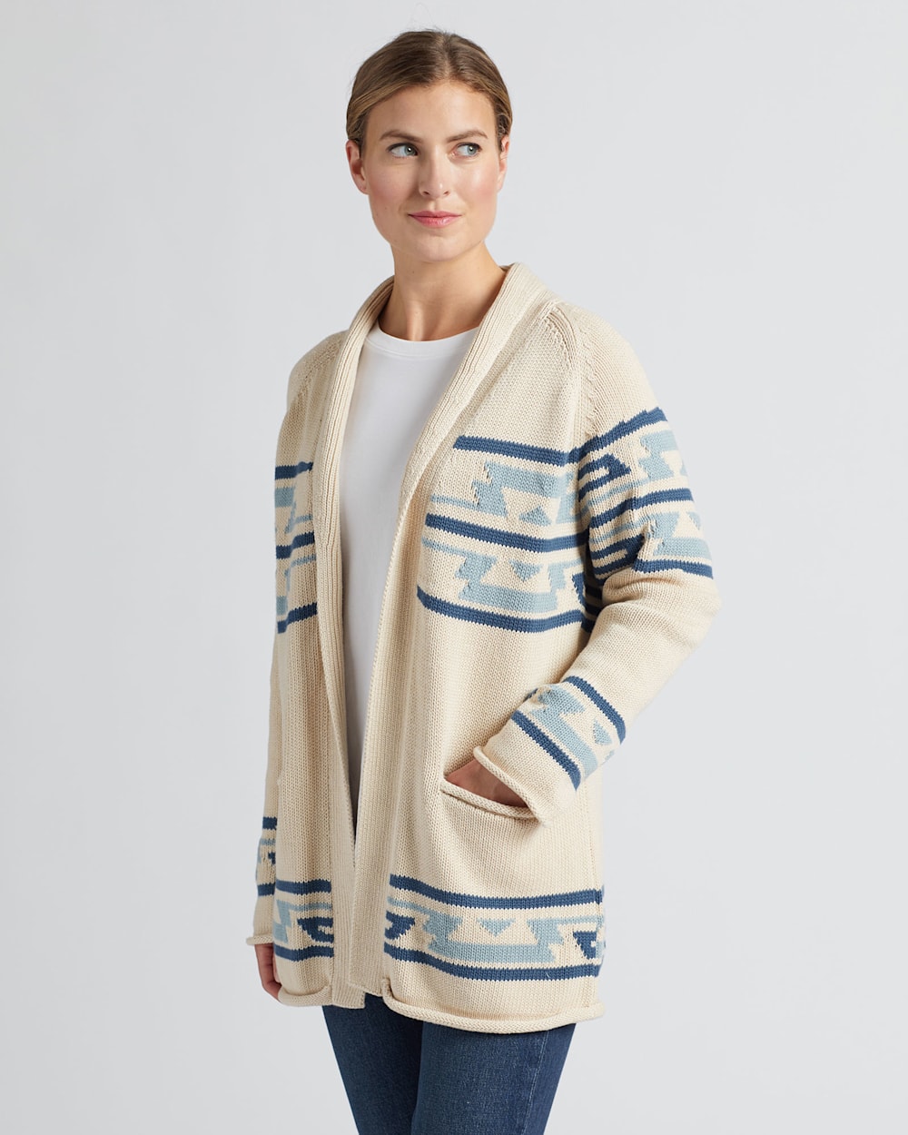 ALTERNATE VIEW OF WOMEN'S ROCK POINT COTTON CARDIGAN IN SANDSHELL/VINTAGE INDIGO MULTI image number 4