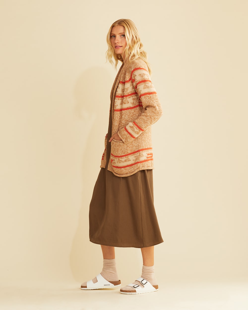 ALTERNATE VIEW OF WOMEN'S ROCK POINT COTTON CARDIGAN IN BROWN/CREAM MULTI image number 2