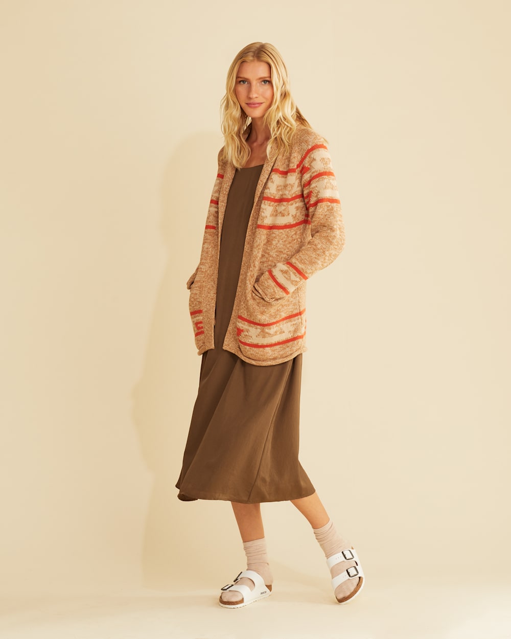 ALTERNATE VIEW OF WOMEN'S ROCK POINT COTTON CARDIGAN IN BROWN/CREAM MULTI image number 5