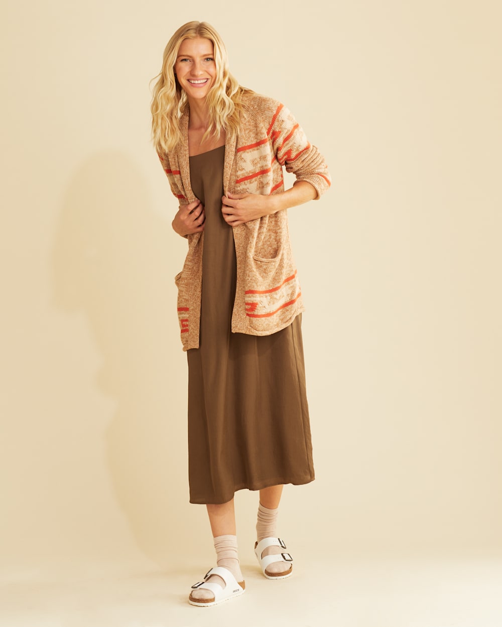 ALTERNATE VIEW OF WOMEN'S ROCK POINT COTTON CARDIGAN IN BROWN/CREAM MULTI image number 6