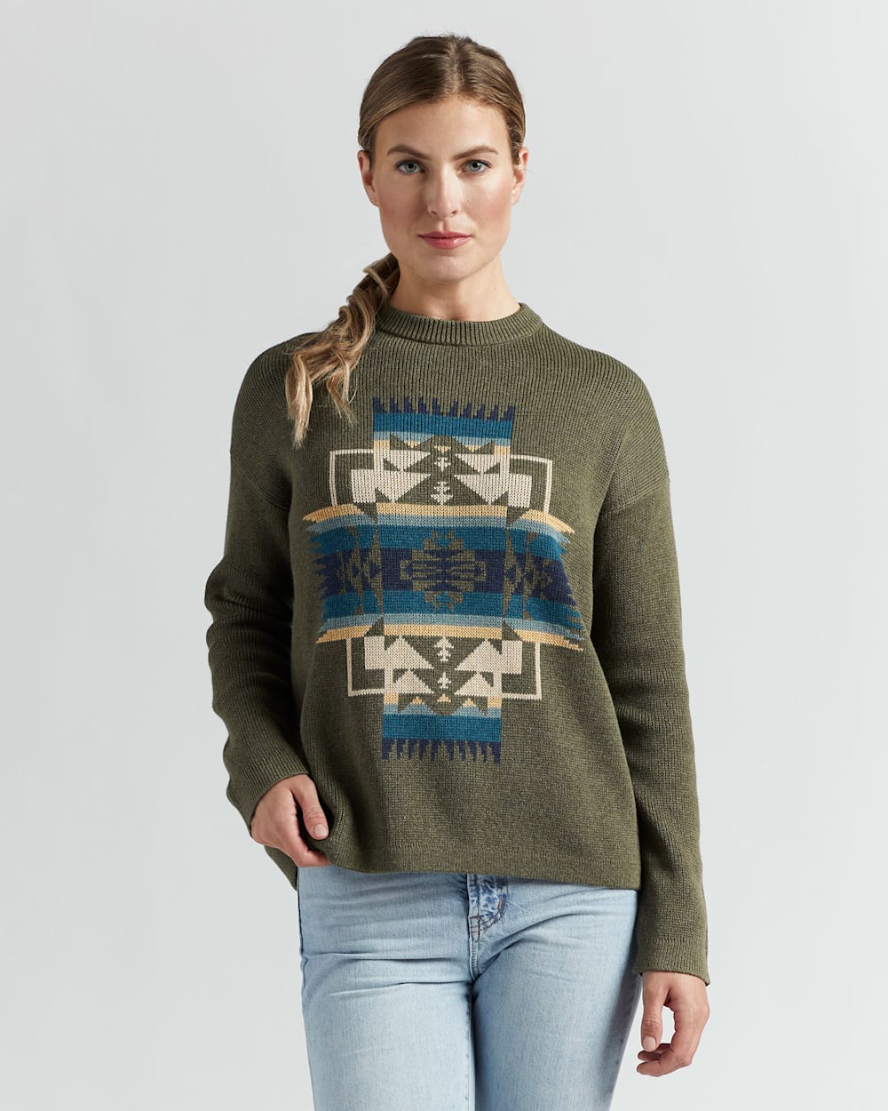 WOMEN'S GRAPHIC COTTON SWEATER IN BOTTLE GREEN CHIEF JOSEPH image number 1