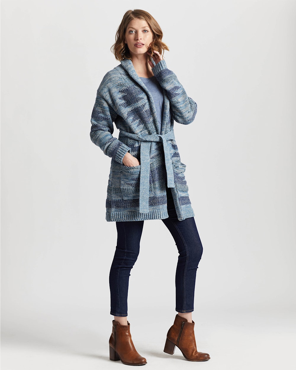 WOMEN'S MONTEREY BELTED COTTON CARDIGAN IN BLUE MULTI image number 1