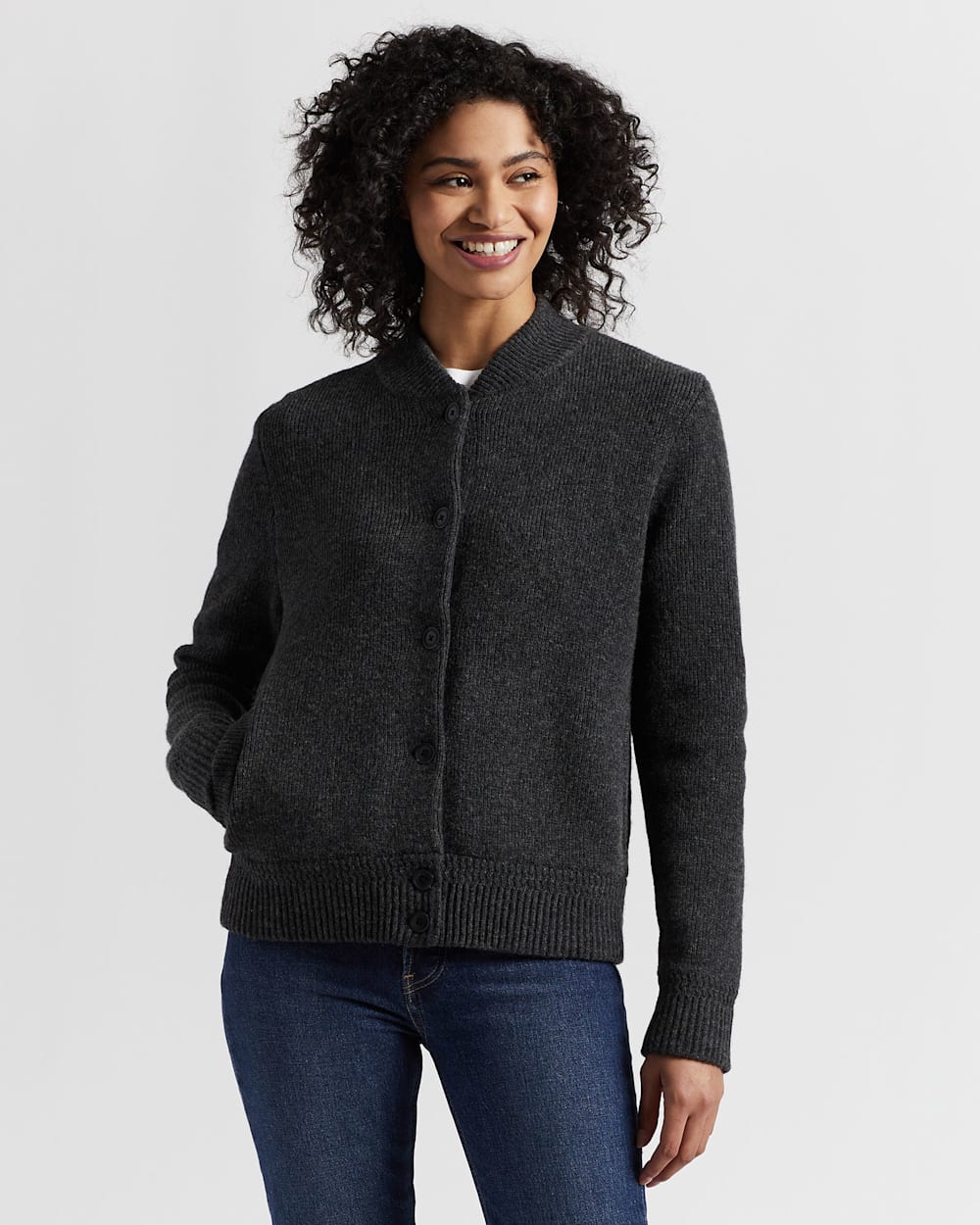 WOMEN'S LAMBSWOOL BOMBER CARDIGAN IN CHARCOAL MULTI image number 1