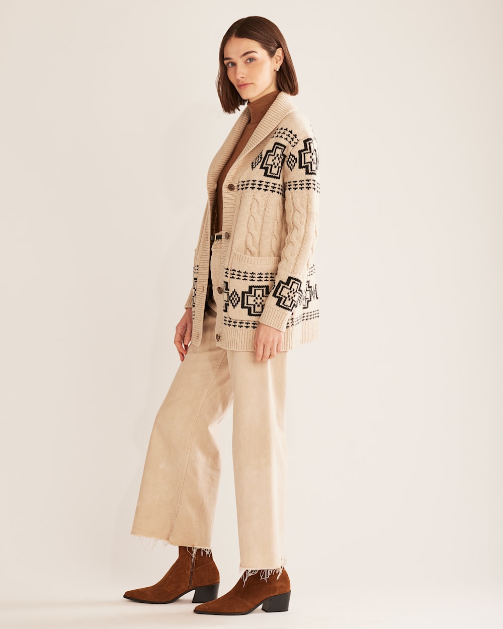 ALTERNATE VIEW OF WOMEN'S HARDING LAMBSWOOL CABLE CARDIGAN IN IVORY/BLACK image number 2