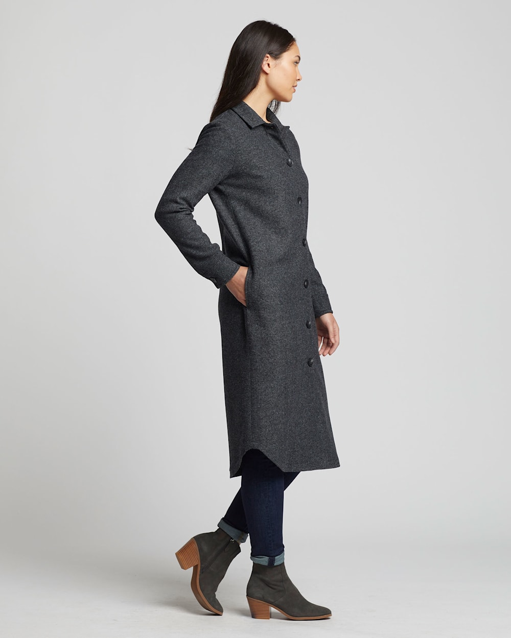 ALTERNATE VIEW OF WOMEN'S WOOL TWILL DUSTER SHIRT IN GREY MIX/BLACK image number 2