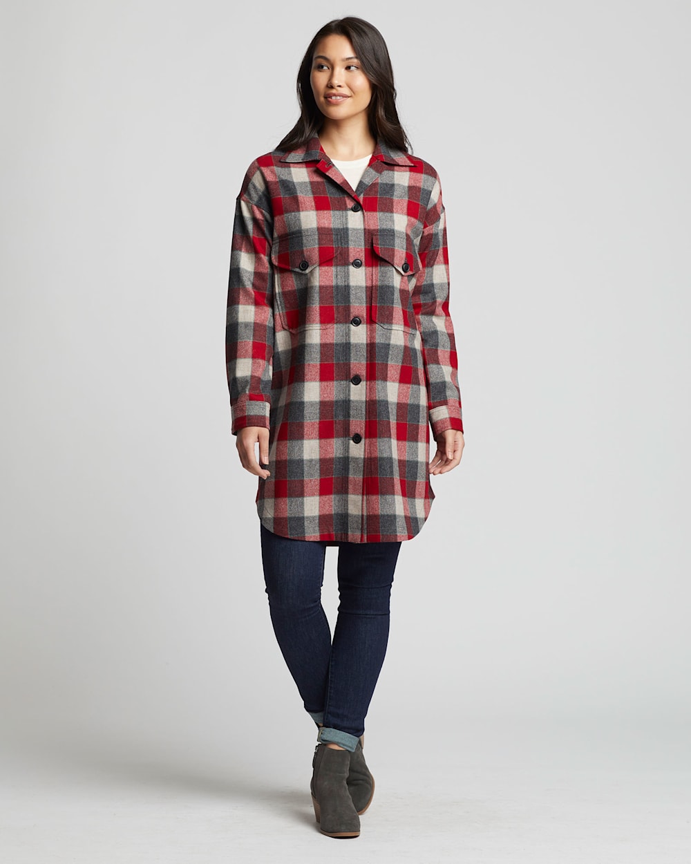 ALTERNATE VIEW OF WOMEN'S OVERSIZED WOOL SHIRT IN RED/TAN BLOCK PLAID image number 5