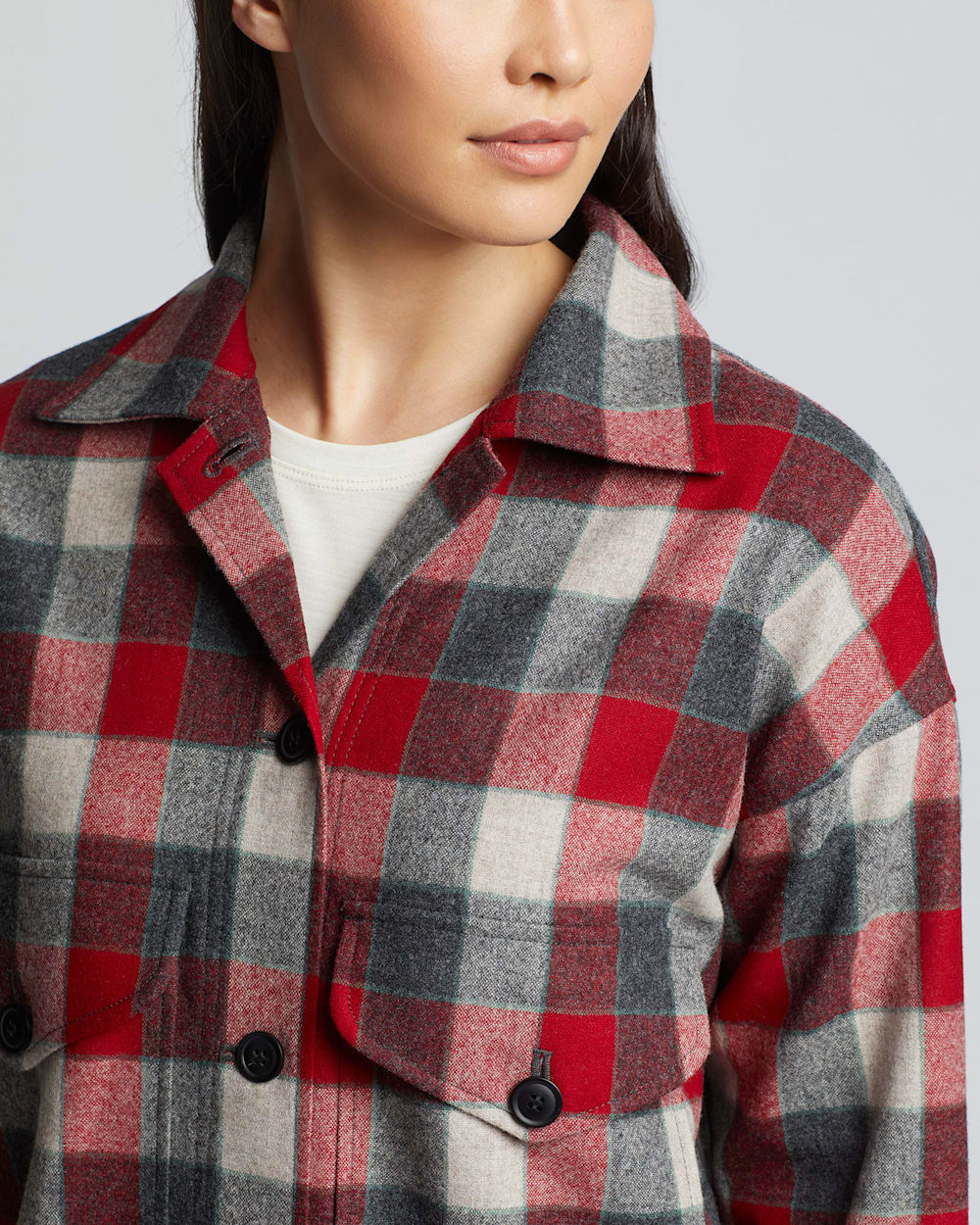 ALTERNATE VIEW OF WOMEN'S OVERSIZED WOOL SHIRT IN RED/TAN BLOCK PLAID image number 4