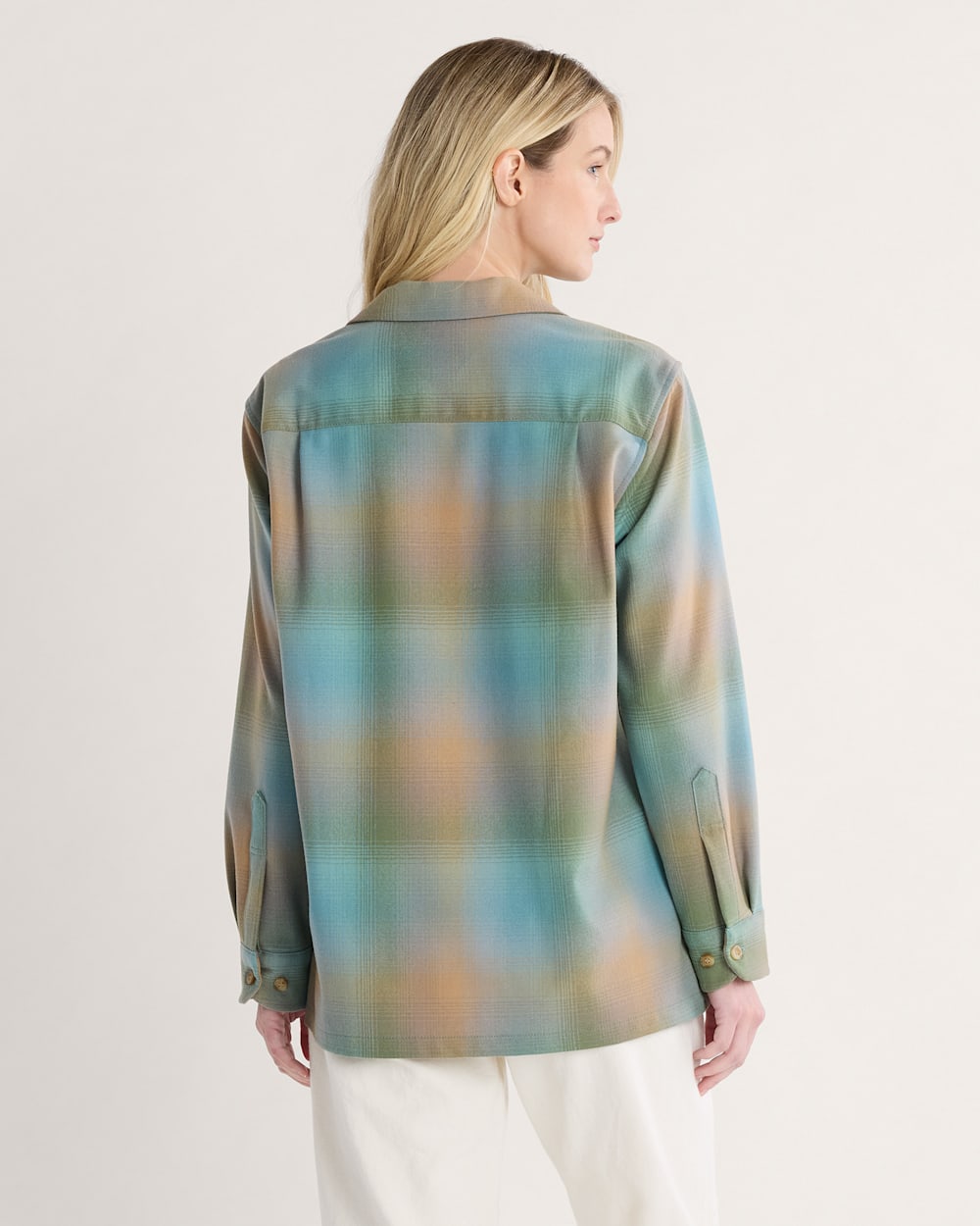 ALTERNATE VIEW OF WOMEN'S PLAID BOYFRIEND BOARD SHIRT IN GREEN/TAN OMBRE image number 2