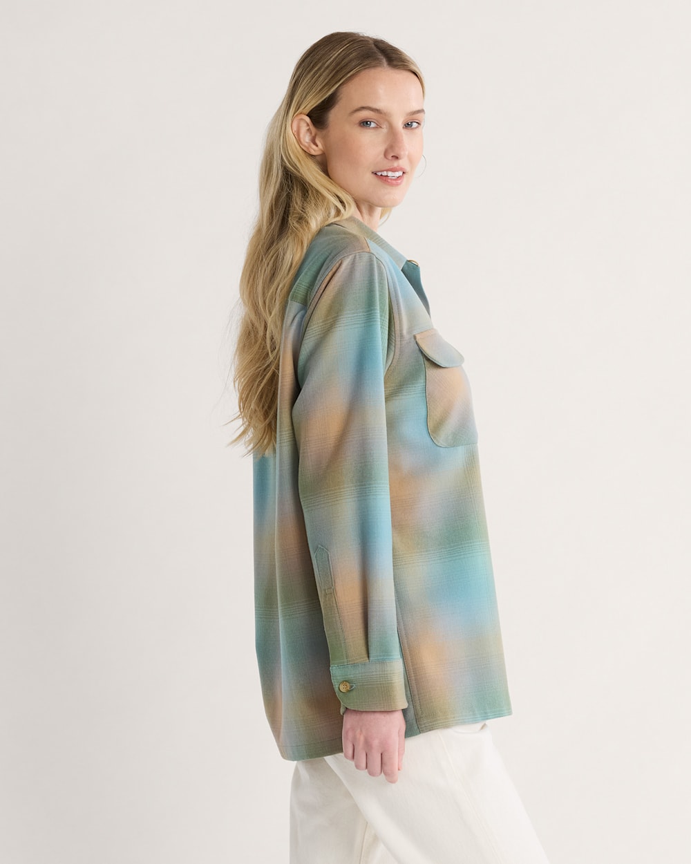 ALTERNATE VIEW OF WOMEN'S PLAID BOYFRIEND BOARD SHIRT IN GREEN/TAN OMBRE image number 3