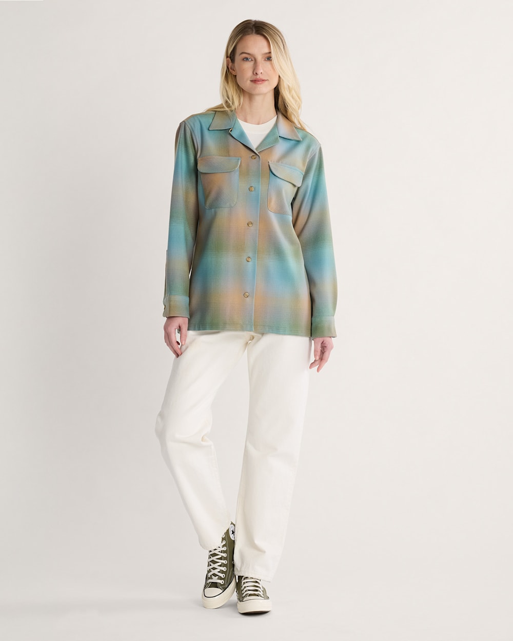 ALTERNATE VIEW OF WOMEN'S PLAID BOYFRIEND BOARD SHIRT IN GREEN/TAN OMBRE image number 5