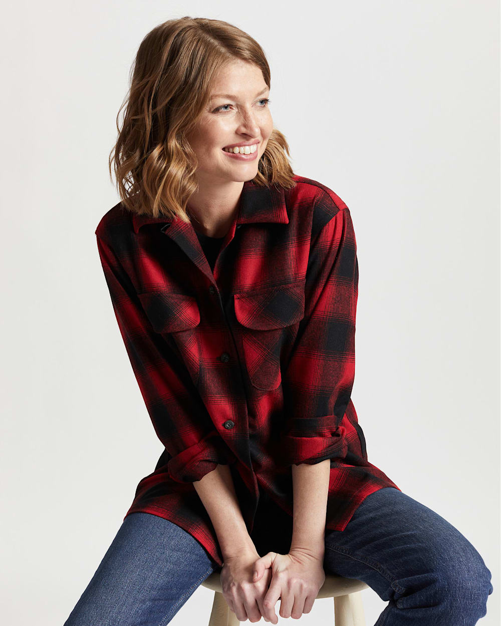 Pendleton Pendleton Women's Long Sleeve Boyfriend Fit Wool Board Shirt, Red Ombre Shop Women's Plaid Boyfriend Board Shirt for Trendy Style