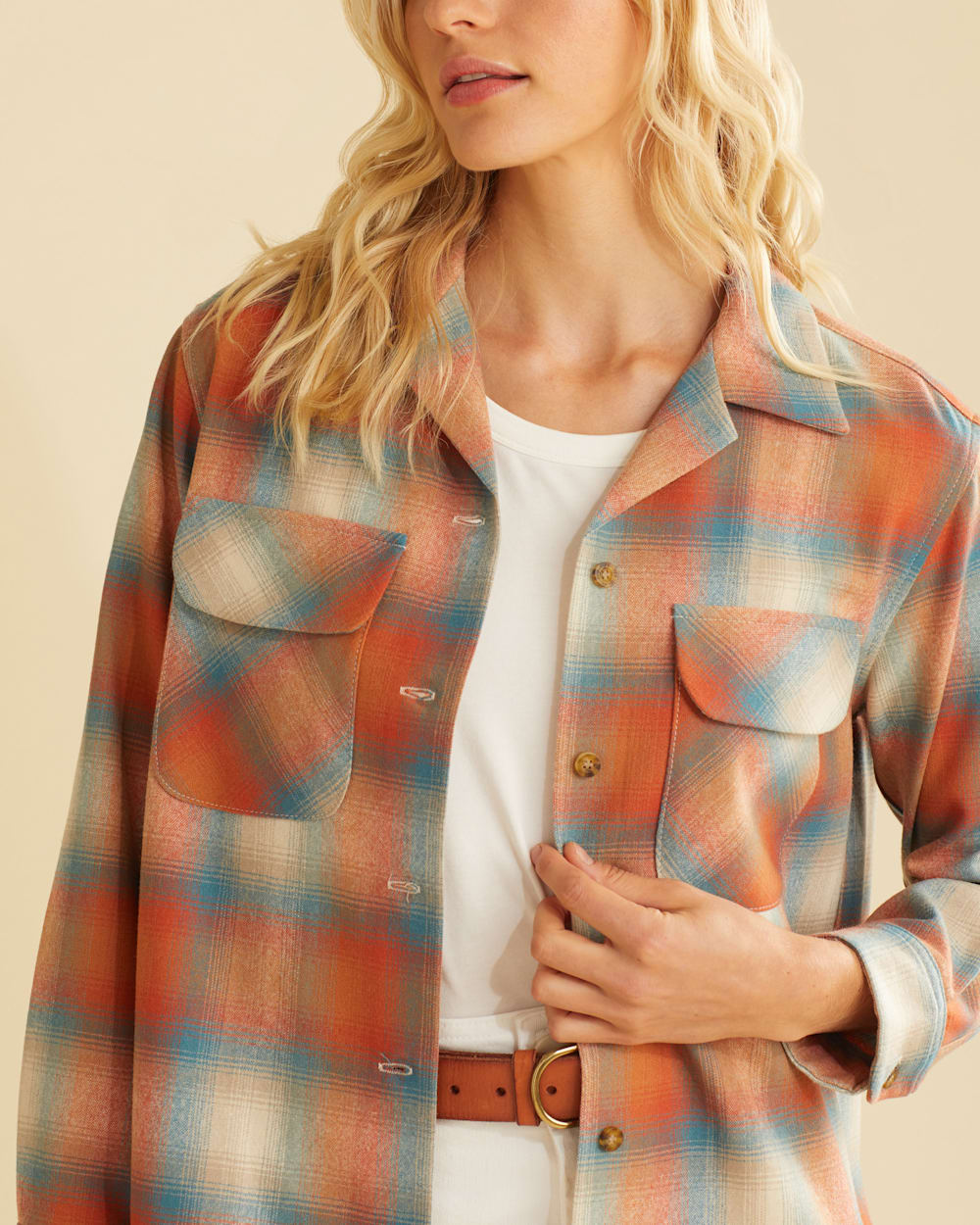 Pendleton Pendleton Women's Long Sleeve Boyfriend Fit Wool Board Shirt, Copper/Gold Ombre Shop Women's Plaid Boyfriend Board Shirt for Trendy StyleT
