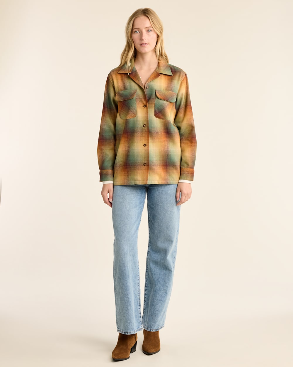 ALTERNATE VIEW OF WOMEN'S PLAID BOYFRIEND BOARD SHIRT IN GOLD/GREEN OMBRE image number 5