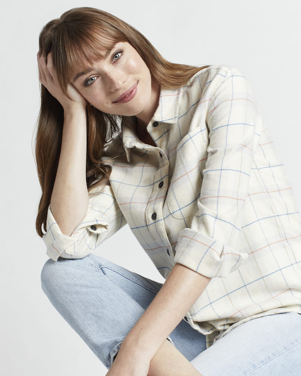 WOMEN'S GIRLFRIEND DOUBLE-BRUSHED FLANNEL SHIRT IN IVORY MULTI WINDOWPANE image number 1