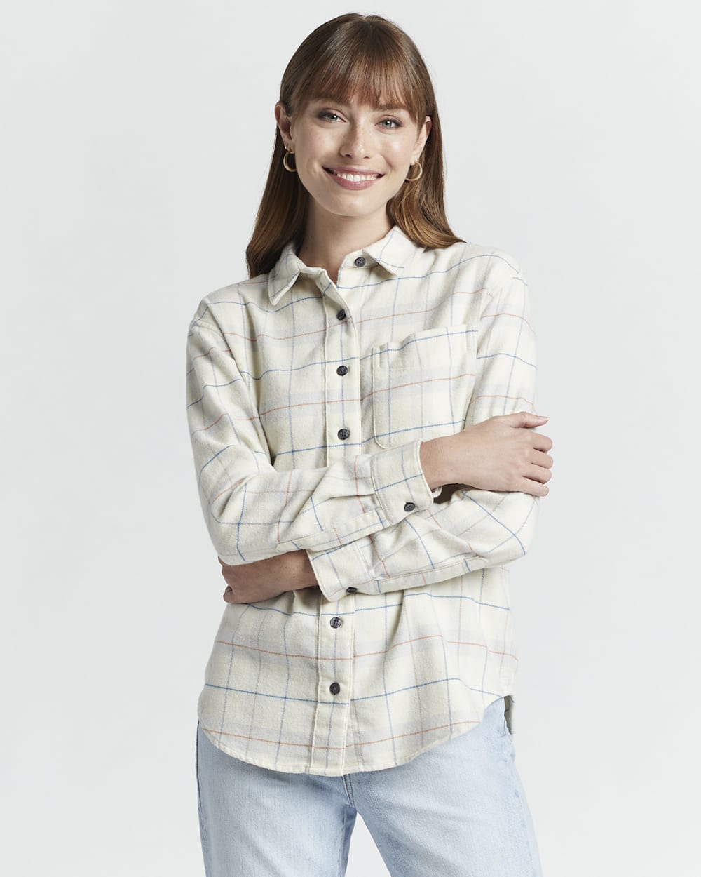 ALTERNATE VIEW OF WOMEN'S GIRLFRIEND DOUBLE-BRUSHED FLANNEL SHIRT IN IVORY MULTI WINDOWPANE image number 5