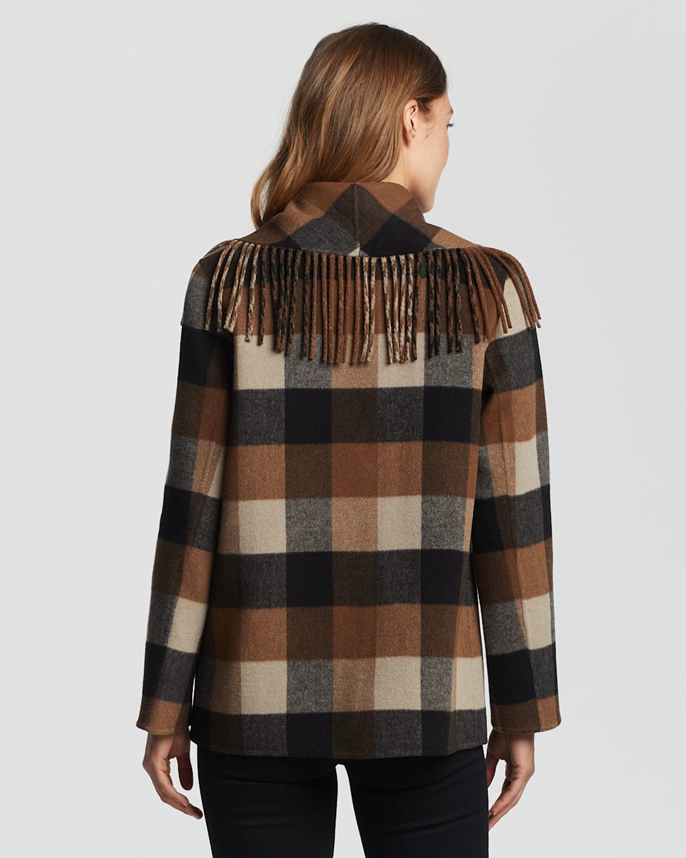 ALTERNATE VIEW OF WOMEN'S CHEYENNE FRINGED SHAWL-COLLAR COAT IN CAMEL/CHARCOAL PLAID image number 2