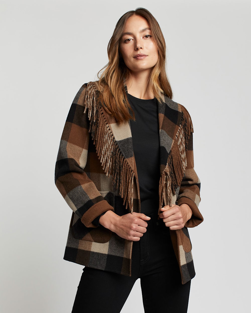 ALTERNATE VIEW OF WOMEN'S CHEYENNE FRINGED SHAWL-COLLAR COAT IN CAMEL/CHARCOAL PLAID image number 5