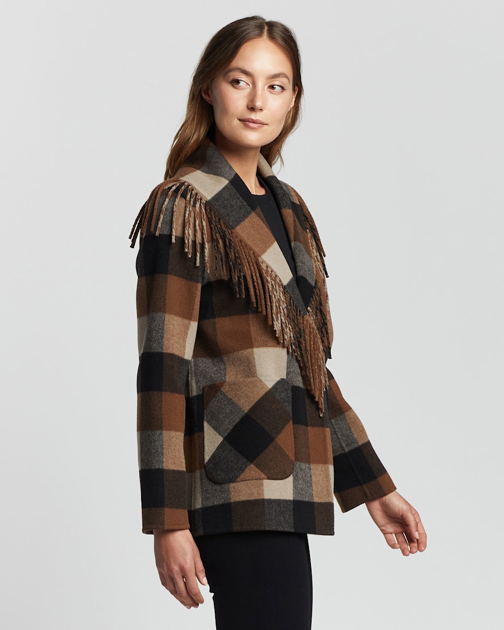 ALTERNATE VIEW OF WOMEN'S CHEYENNE FRINGED SHAWL-COLLAR COAT IN CAMEL/CHARCOAL PLAID image number 3