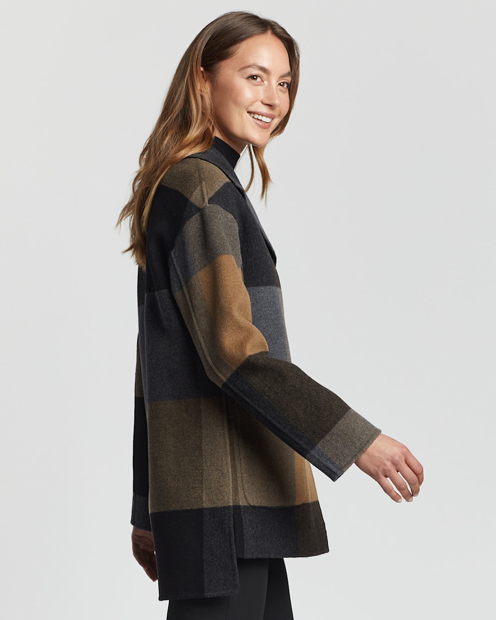 ALTERNATE VIEW OF WOMEN'S FLAGSTAFF WOOL TOPPER COAT IN CHARCOAL/CAMEL PLAID image number 2