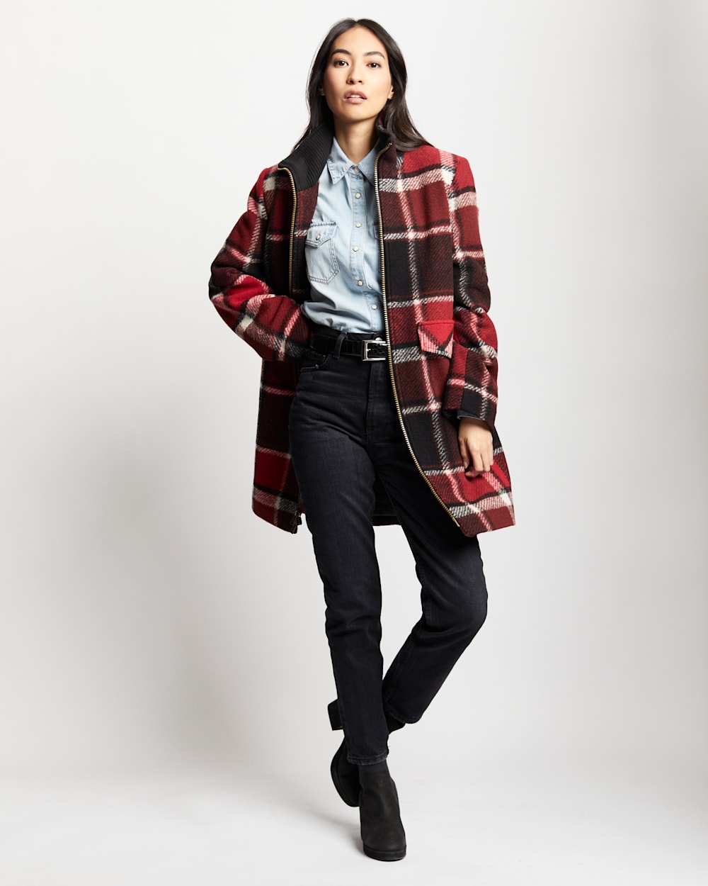 WOMEN'S CAMDEN TOPPER COAT IN RED/BLACK EXPLODED PLAID image number 1