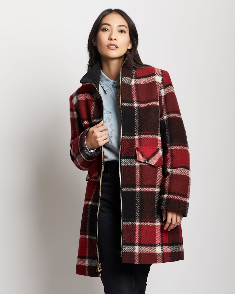 ALTERNATE VIEW OF WOMEN'S CAMDEN TOPPER COAT IN RED/BLACK EXPLODED PLAID image number 2