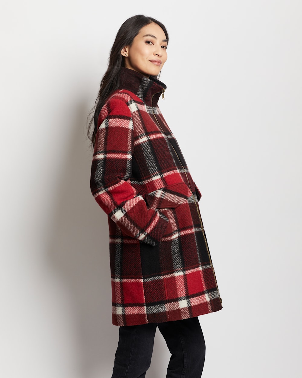 ALTERNATE VIEW OF WOMEN'S CAMDEN TOPPER COAT IN RED/BLACK EXPLODED PLAID image number 5