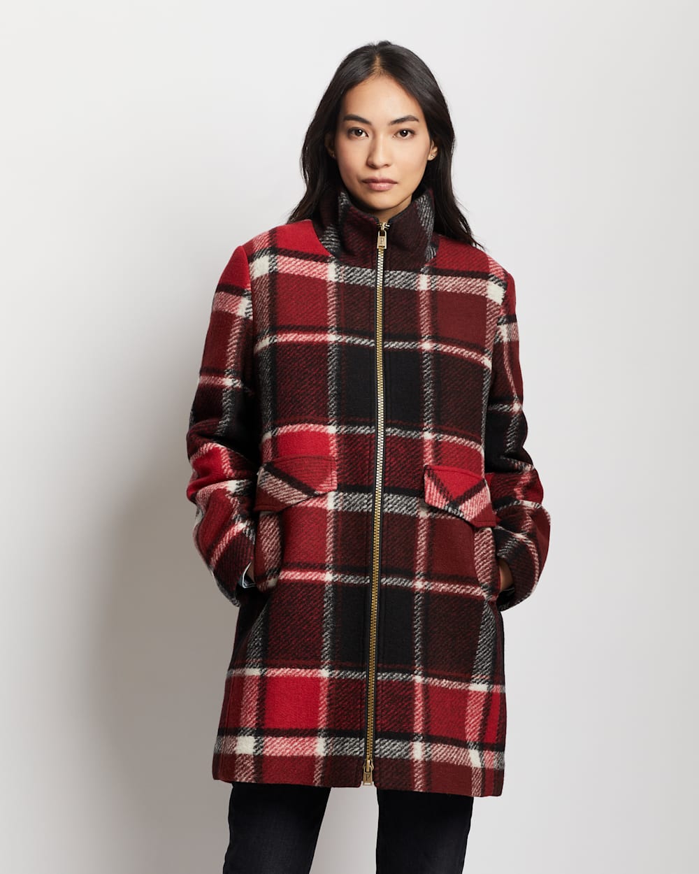 ALTERNATE VIEW OF WOMEN'S CAMDEN TOPPER COAT IN RED/BLACK EXPLODED PLAID image number 6
