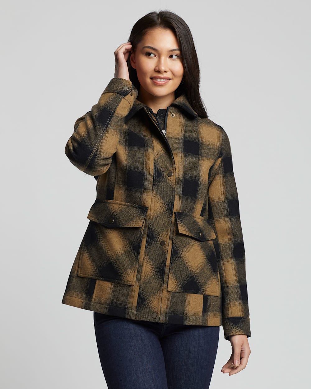 WOMEN'S STANFORD BOXY BOMBER JACKET IN CAMEL/BLACK BUFFALO CHECK image number 1