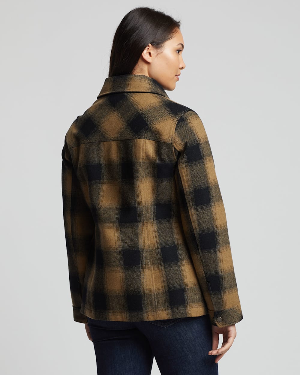 ALTERNATE VIEW OF WOMEN'S STANFORD BOXY BOMBER JACKET IN CAMEL/BLACK BUFFALO CHECK image number 3