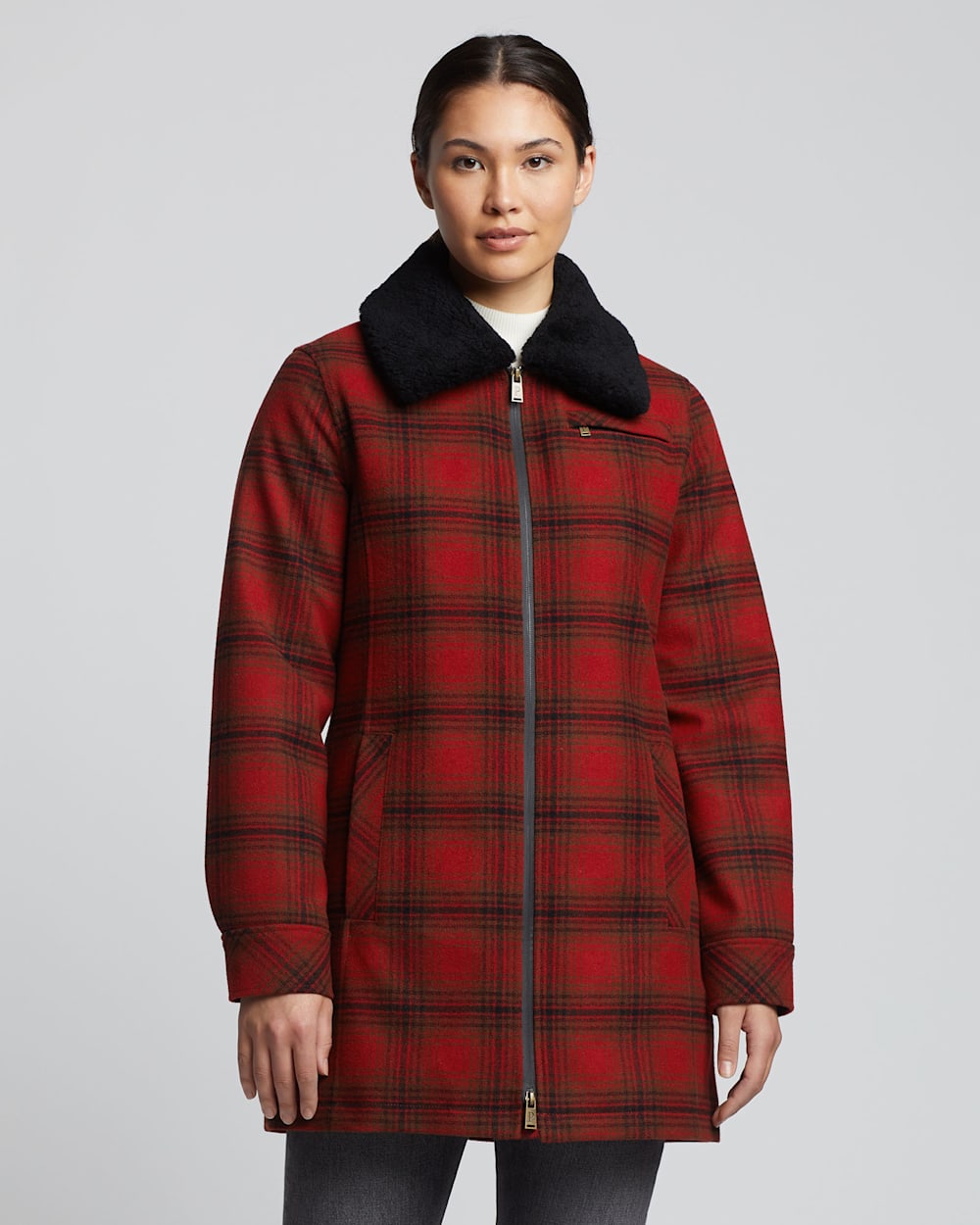 WOMEN'S LAFAYETTE SHEARLING-COLLAR COAT IN RED/CHARCOAL/DEEP OLIVE PLAID image number 1