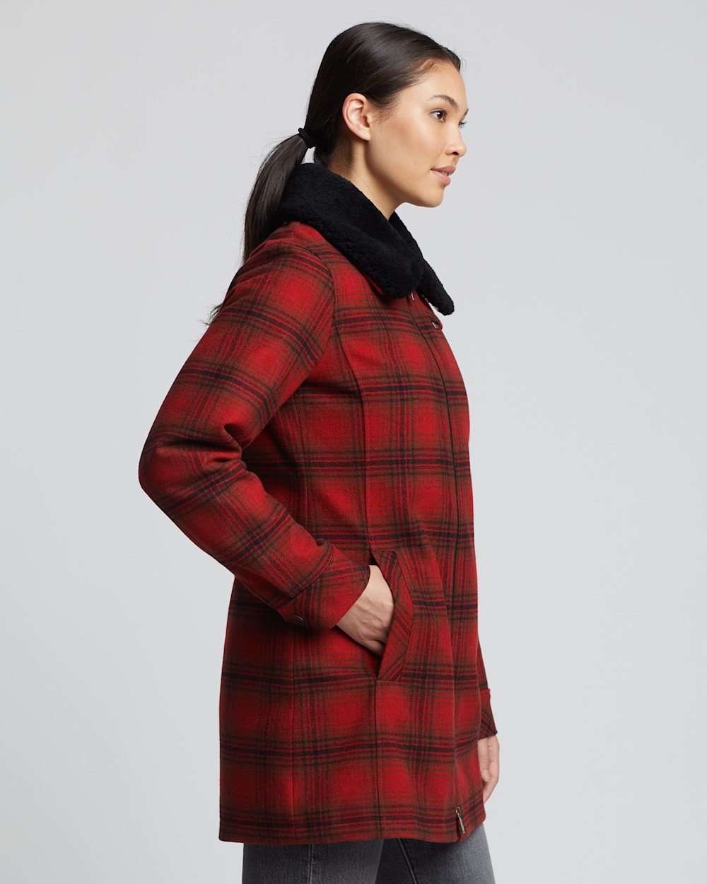 ALTERNATE VIEW OF WOMEN'S LAFAYETTE SHEARLING-COLLAR COAT IN RED/CHARCOAL/DEEP OLIVE PLAID image number 2