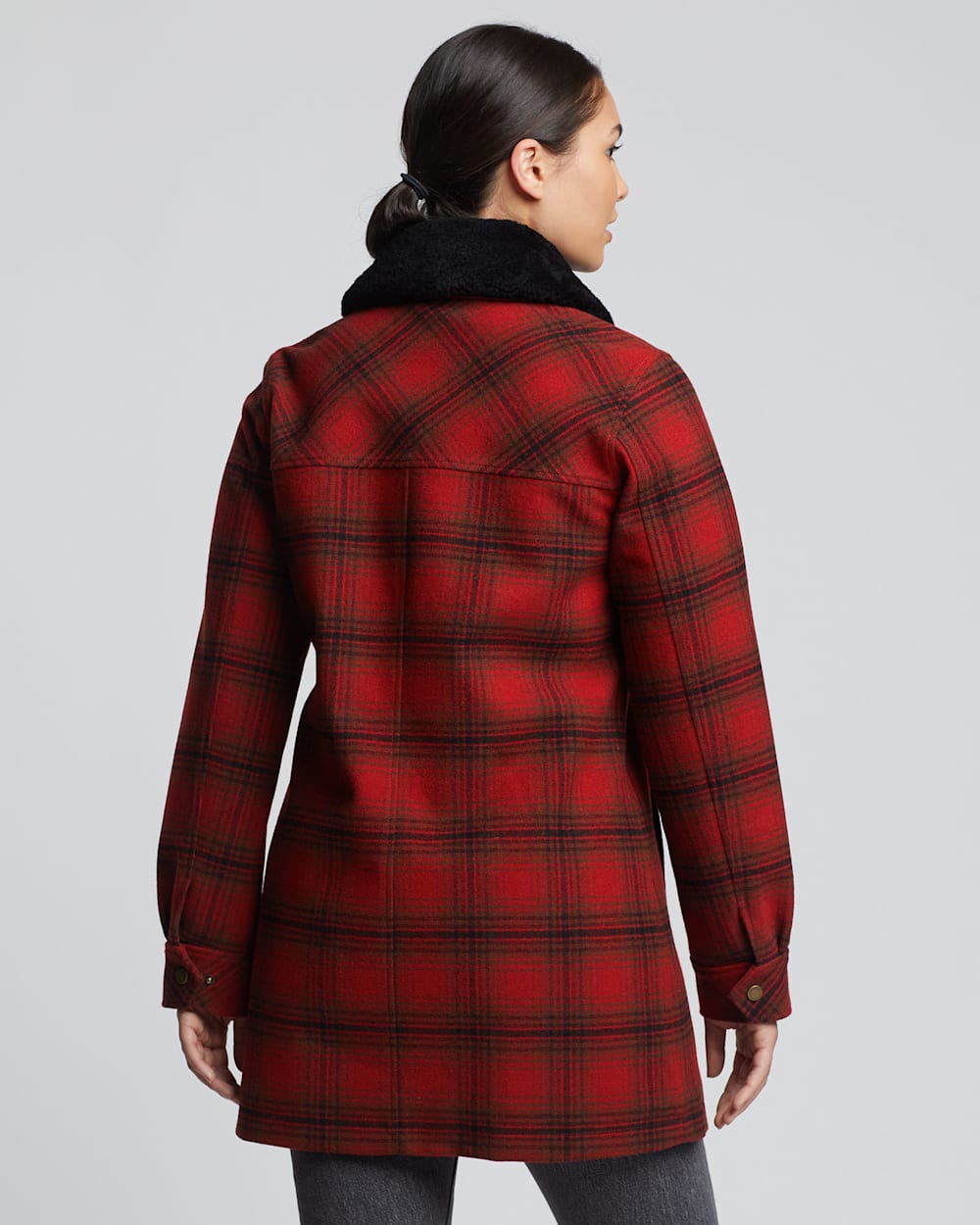 ALTERNATE VIEW OF WOMEN'S LAFAYETTE SHEARLING-COLLAR COAT IN RED/CHARCOAL/DEEP OLIVE PLAID image number 3