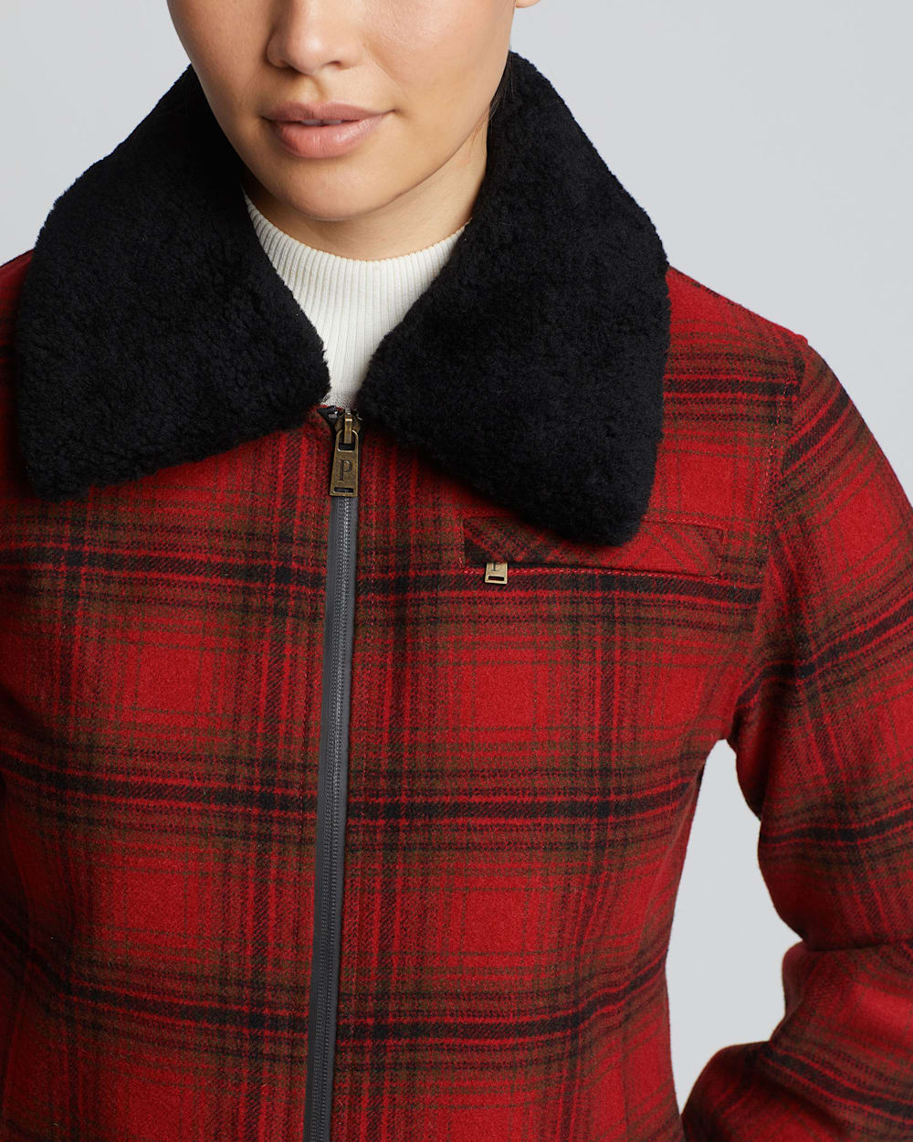 ALTERNATE VIEW OF WOMEN'S LAFAYETTE SHEARLING-COLLAR COAT IN RED/CHARCOAL/DEEP OLIVE PLAID image number 4