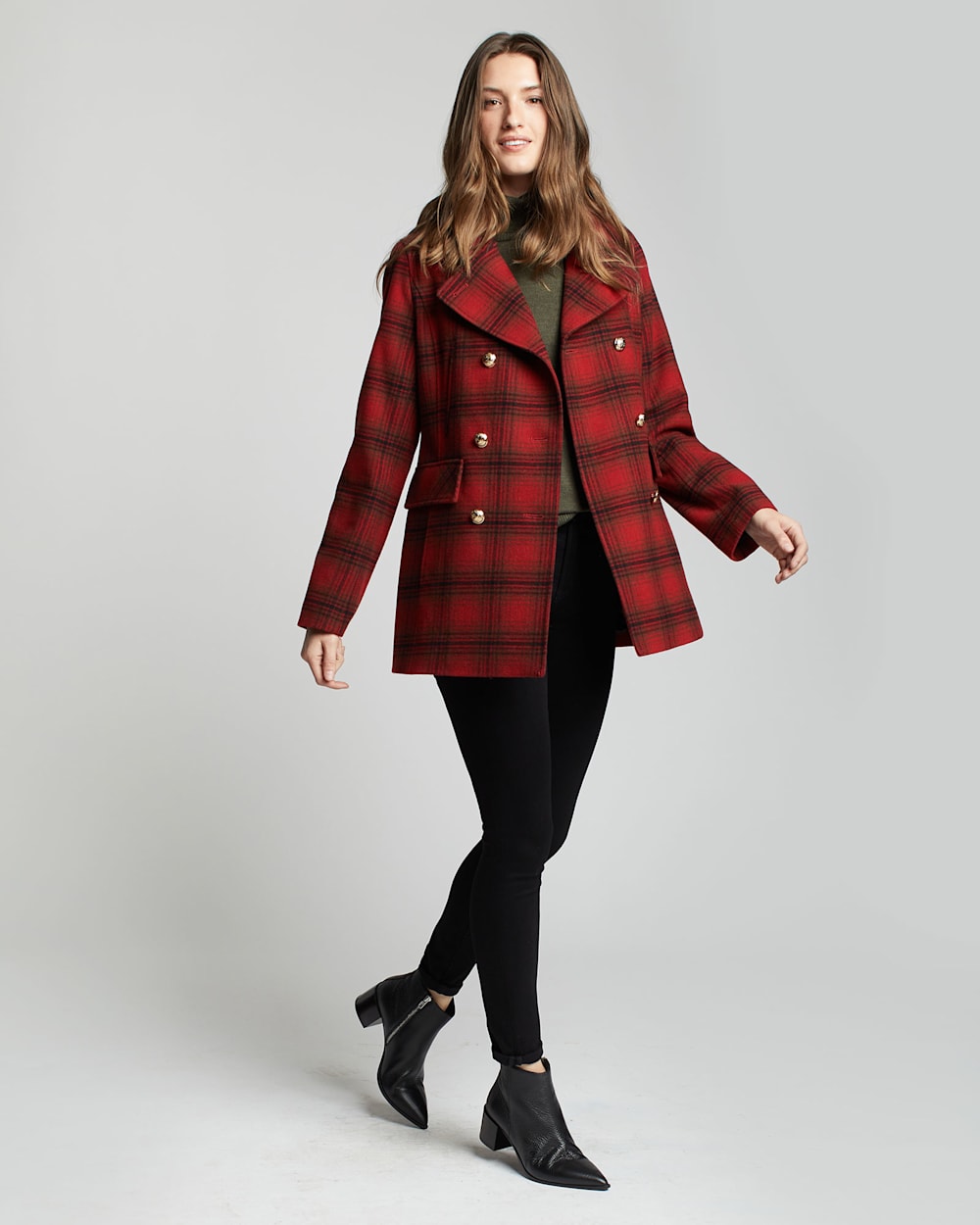 ALTERNATE VIEW OF WOMEN'S PLAID WOOL PEACOAT IN RED/CHARCOAL/DEEP OLIVE image number 5