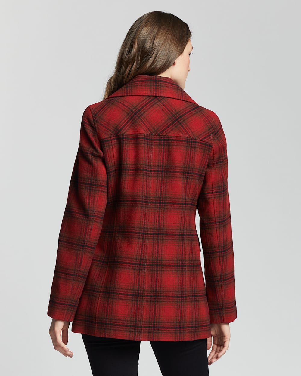 ALTERNATE VIEW OF WOMEN'S PLAID WOOL PEACOAT IN RED/CHARCOAL/DEEP OLIVE image number 3