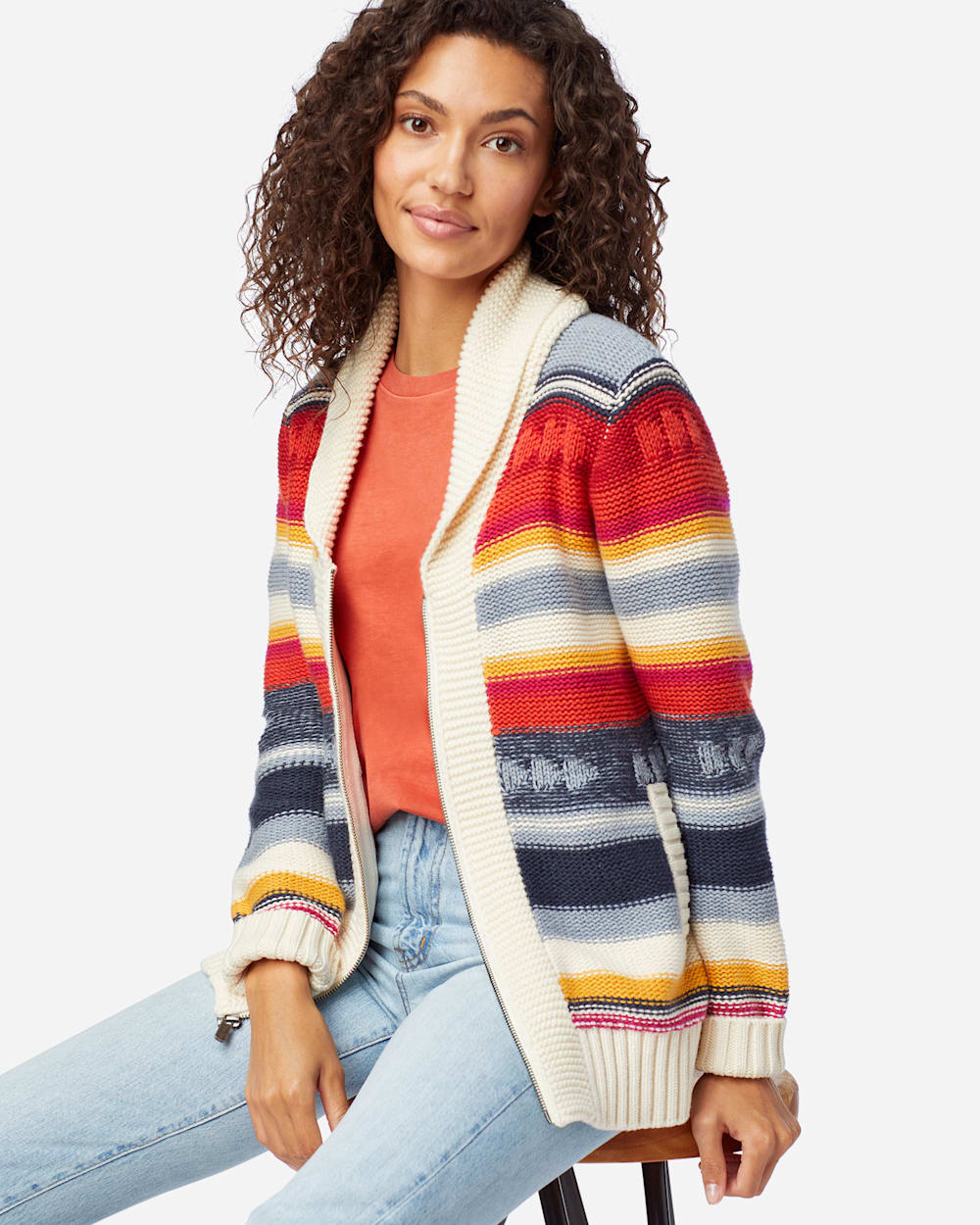 WOMEN'S CAMPFIRE ZIP CARDIGAN IN IVORY MULTI STRIPE image number 1