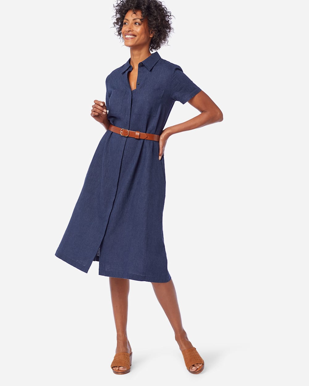 WASHED LINEN A-LINE SHIRT DRESS IN NAVY MIX image number 1