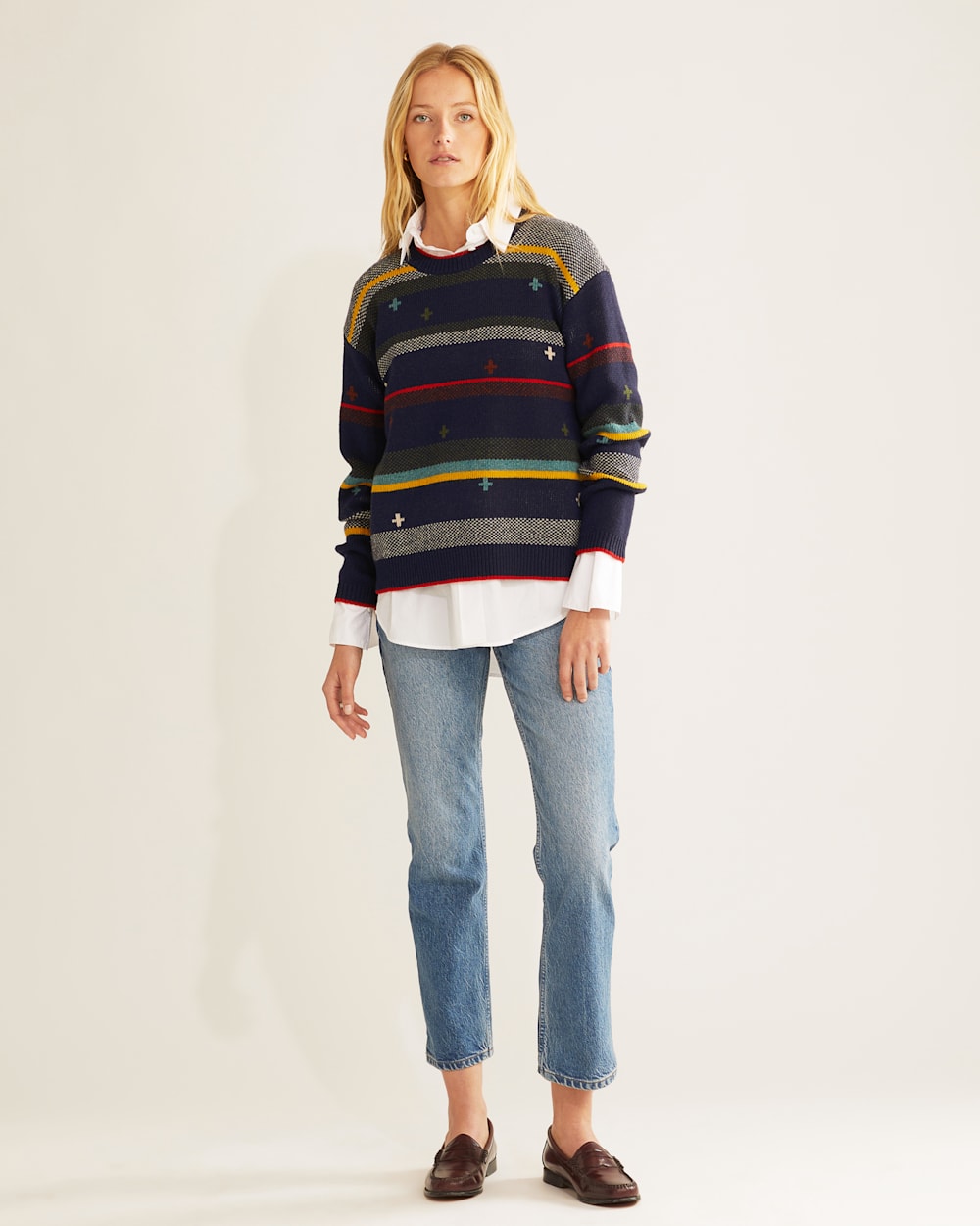 WOMEN'S BRIDGER STRIPE LAMBSWOOL SWEATER IN NAVY HEATHER image number 1