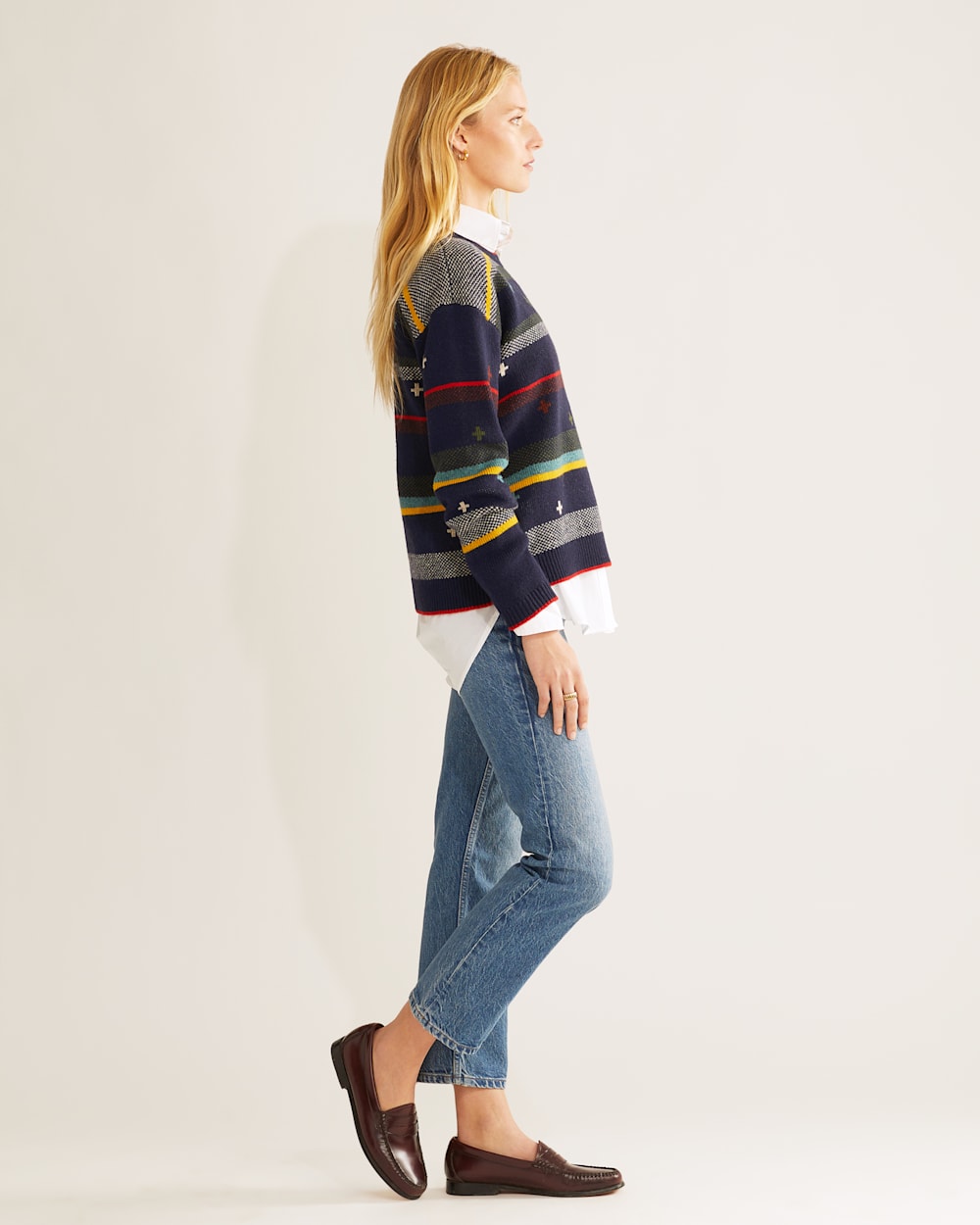 ALTERNATE VIEW OF WOMEN'S BRIDGER STRIPE LAMBSWOOL SWEATER IN NAVY HEATHER image number 2