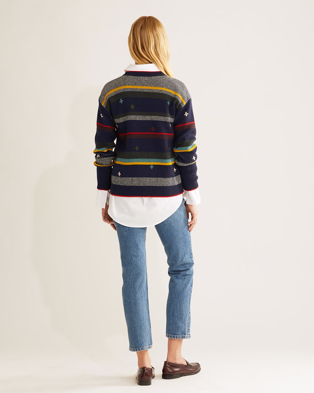 ALTERNATE VIEW OF WOMEN'S BRIDGER STRIPE LAMBSWOOL SWEATER IN NAVY HEATHER image number 3